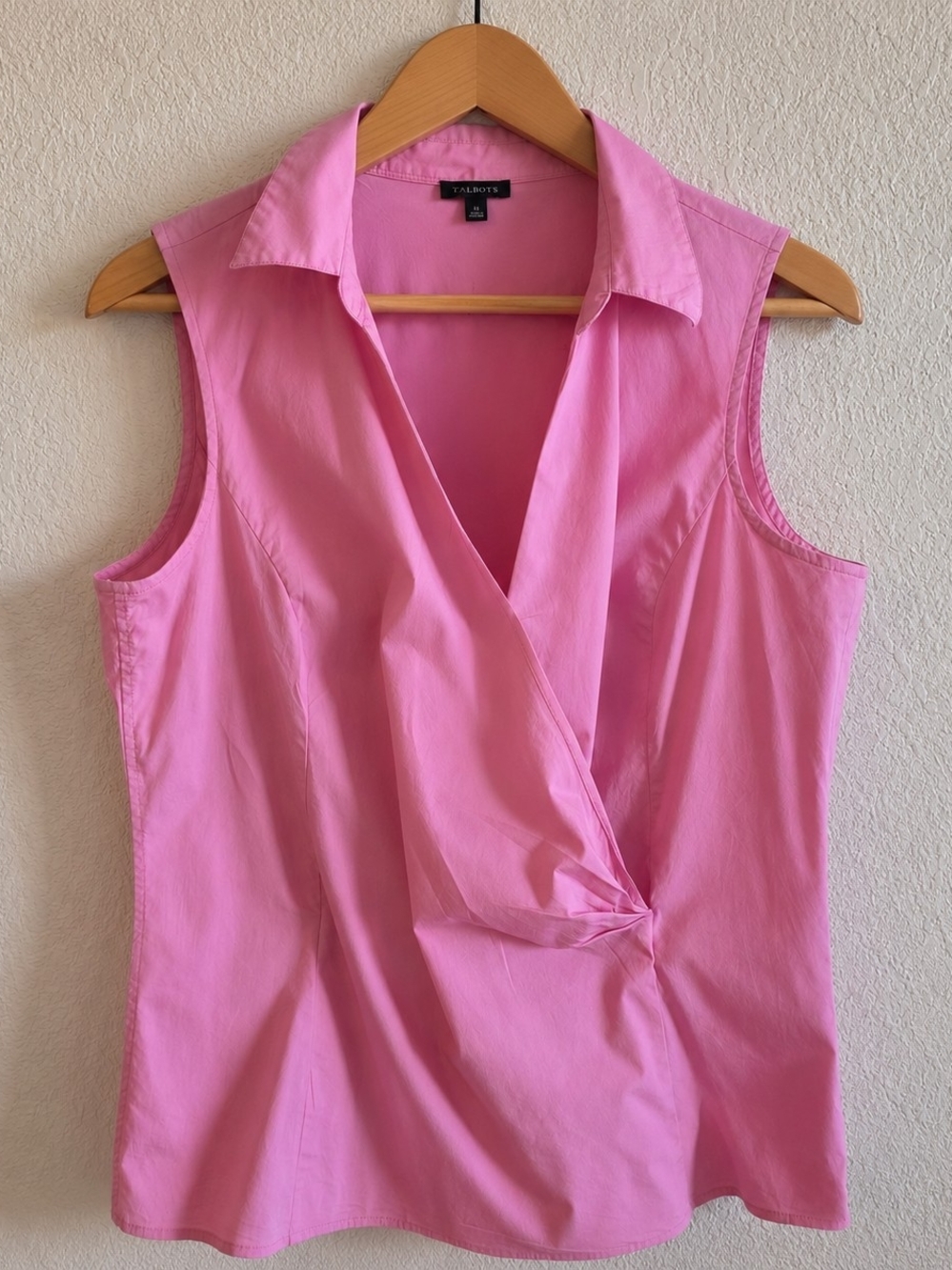 Talbots Pink Sleeveless Wrap Blouse Side Zip Stretch Cotton Size 12